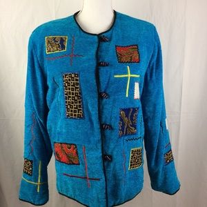 Alex Kim blue jacket with patches black trim L
